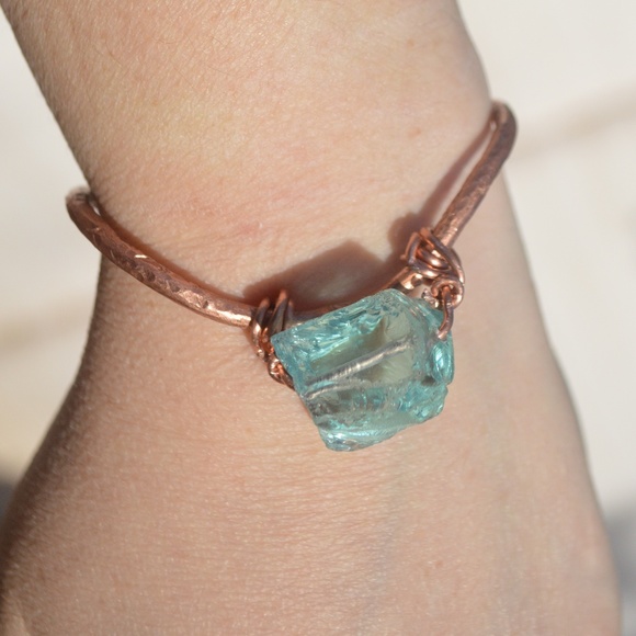 Natural Blue Sea Glass Copper Cuff Bracelet Boho Handmade wire wrapped Gift OOAK - Picture 3 of 8